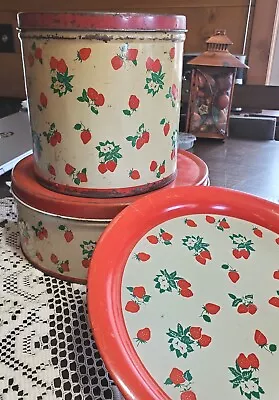 Vintage Red White Strawberry Tins Kitchen Canister Platter Metal Rusty Cookie  • $34.95