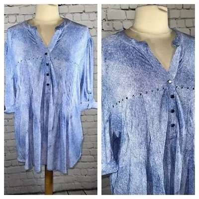 Cocomo Woman 3X Blue Denim Print Roll Tab Sleeve Popover Pintuck Tunic Top NEW • $29.99