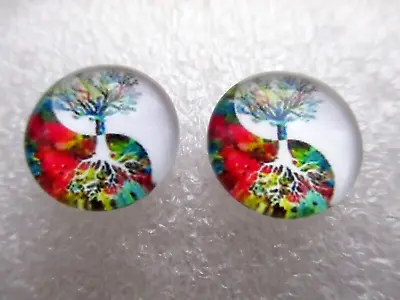 Ying Yang Tree Of Life  Cabochon Glass Stud Earrings 12mm • £3.59