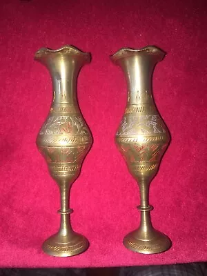 2  Vintage 5.5”  Tall Solid Brass Vase’s Ornately Etched Decorated-india • $19.75