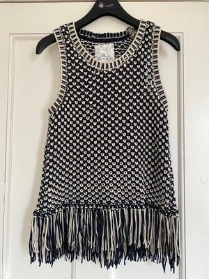 £15 • Buy Crochet Top Tank Vest Chunky Knit Fringe Blue White Boho Festival Size 10