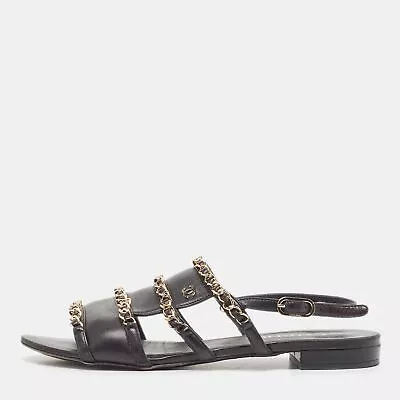 Chanel Black Leather CC Chain Link Flat Slingback Sandals Size 37.5 • $397.95