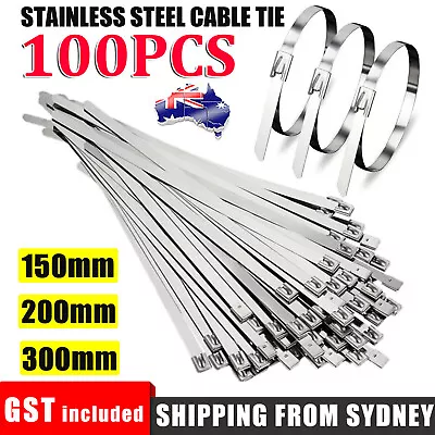 100X Stainless Steel Cable Ties SS304 Marine Grade Zip Strap Locking Wrap 3 Size • $14.99