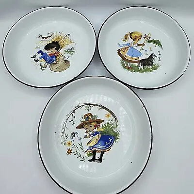 Falcon Childrens Enamel Bowls Plates ×3 Nursery Rhymes 8  Hong Kong Vintage Rare • £48.99