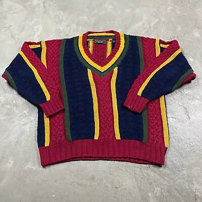 90s VTG CABLE KNIT VARSITY Sweater M COLORBLOCK Tennis Cricket Striped Golf • $55.99