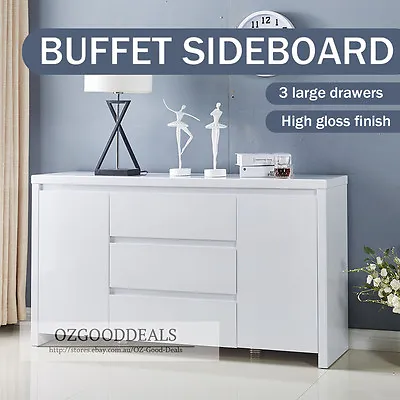 High Gloss Piano Finish White Designer Buffet Sideboard Cabinet 3 Drawer 4037 • $249.99