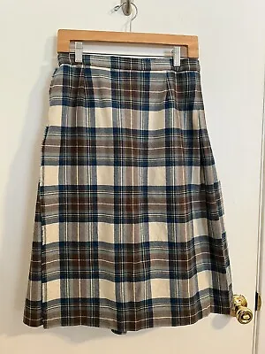 Vintage GLEN BARDEN Womens Wrap Pleated Kilt US 12/E40 Blue/yellow/brown Wool • $48