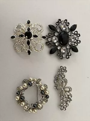 Lot Of 4 Black Vintage Brooch Pin Rhinestone Flowers Pearl Silver • $10