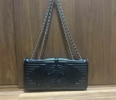 CHANEL COCO MARK Matrasse W Flap Chain Crossbody Bag Women Patent Leather Black • $1611.58