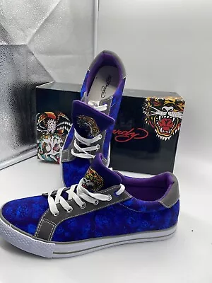 Ed Hardy Mens Canvas Sneakers Size 10 Low Top Lace Up Blue Graffiti Shoes • $69