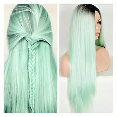 28'' Synthetic Hair Wig Long Straight Lace Front Wigs Heat Safe Ombre Mint Green • $21.99