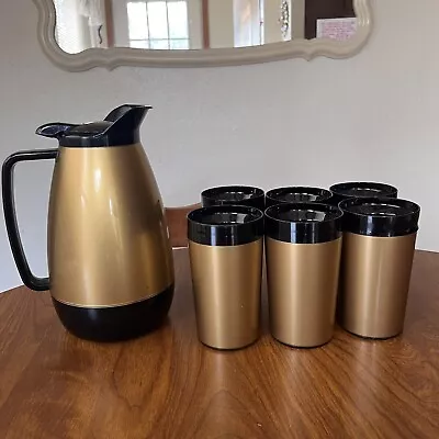 Vintage West Bend Thermo Serv Insulated Gold Coffee Carafe W/ 6 Cups MCM • $45