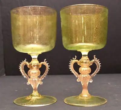 Pair Of Venetian Murano Italy Salviati Gold Fleck Wine Art Glass Goblet 6.5  • $270.64