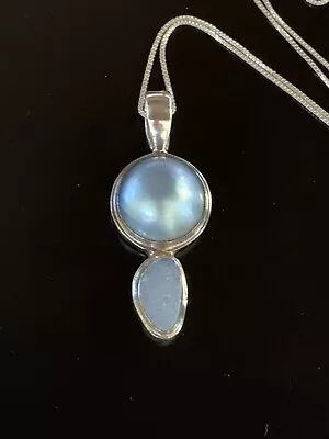 Mabe Pearl & Opal Pendant Necklace 15mm Sterling Silver 18  Estate NEW • $59.95