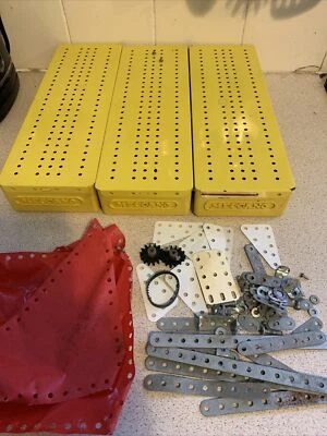 £29.99 • Buy 3 X Meccano Yellow Storage Boxes Flanged Metal Lids  Original Some Accessories