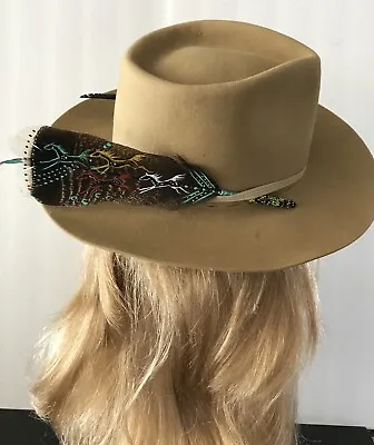 Cowboy Girl Hat Faux Eagle Feather Native American Indian Style Hand Painted • $54.95