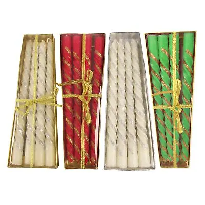 Pack Of 4 Glitter Twisted Taper Candles! Church Pillar Xmas Colour • £4.49