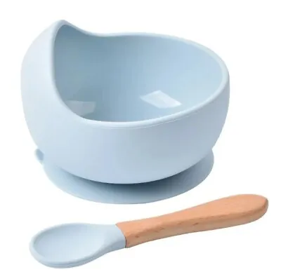 Baby Silicone Suction Bowl And Spoon Feeding Dinner Set For Baby Blue New • £5.49