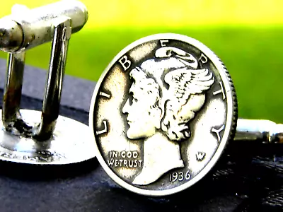 $104 • Buy  Cuff Links Authentic 1936 Vintage Silver Mercury Dime Coin Nice Gift For Him