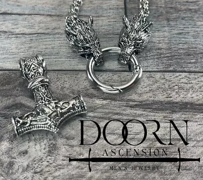 DA Men's Steel Viking Wolf Thor's Hammer Pendant Necklace • $14.99