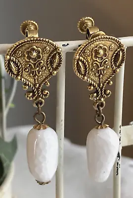 Vintage Antique Brass Earrings Clip On White Glass Chandelier 1.75  L • $8