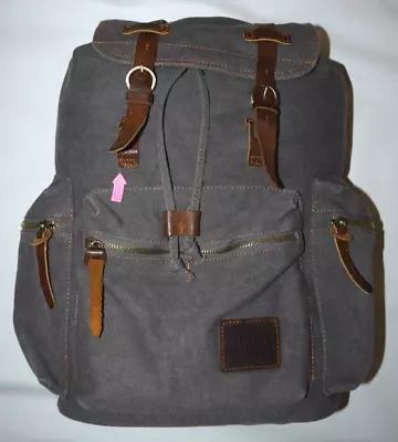 BLUDOON Gray Canvas & Brown Leather Trim Backpack Laptop Travel Rucksack Bag • $17.99