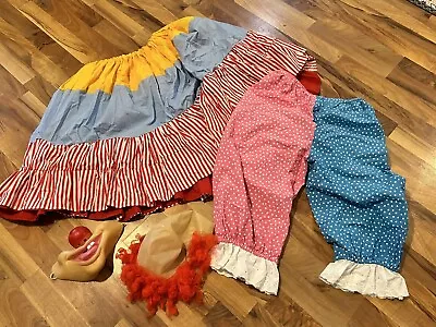 Vintage Halloween Homemade Clown Costume Ruffle Pants Skirt Rubber Face Mask Wig • $75