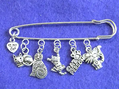 Silver Cat Person Theme Brooch-pin With 6  X Silver Charms New-80mm Large Pin- • £3.49