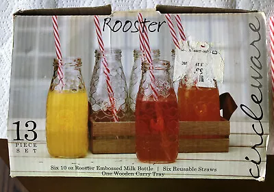 Circleware - Rooster Milk Bottle Glasses - Set Of 6 W/ Straws And Tray NOS • $25.75