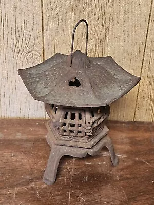 Vtg Japanese Cast Iron Hanging Lantern Pagoda Garden Candle 13  Tall 7 Pounds • $125