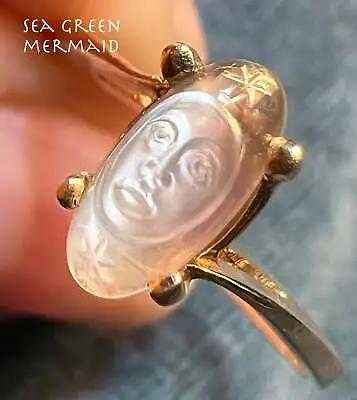 14k Gold Carved Moonstone Man In The Moon Ring W Stars. Tiny **Video** • $669