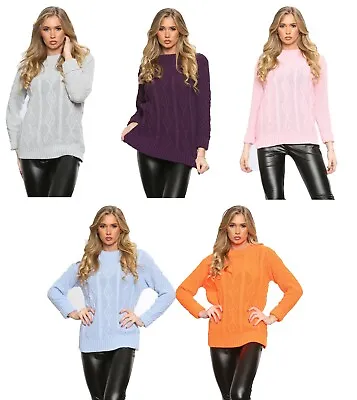 £9.99 • Buy Women Long Sleeve Chunky Cable Knitted Crew Neck Winter Sweater Jumper Top.