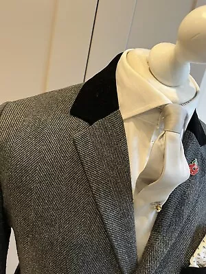 £39.99 • Buy Mens Grey Black Herringbone Wool Velvet Collar Slim Covert Coat S 36 Tweed Cromb