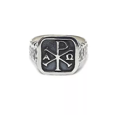 Genuine Sterling Silver Men Ring Chi Rho Alpha Omega Solid Stamped 925 Handmade • $41.40