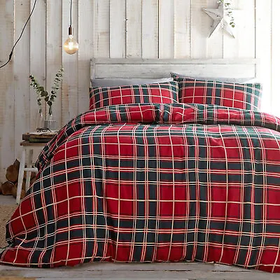 Tartan Check 100% Brushed Cotton Soft Warm Flannelette Duvet Quilt Cover Set • £14.99