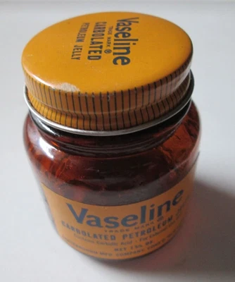 $10 • Buy Vintage Vaseline Petroleum Jelly BROWN Glass Jar Paper Label MOVIE PROP 1 3/4 OZ