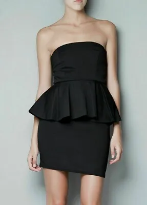 ZARA BLACK DRESS STRAPLESS PENCIL PEPLUM FRILL SHORT DRESS Size M NEW • $74.66