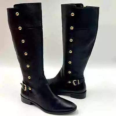 Michael Kors Boot Women Size 6.5 Gold Studed Black Leather Riding Boot • $20.99