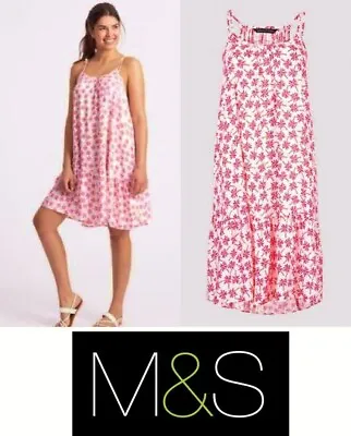 Ex M&s Marks & Spencer Pink White Floral Palm Print Beach Sundress 10 - 22 Nwot • £4.99