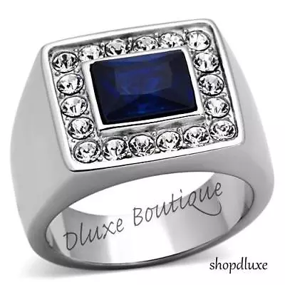 Men's Radiant Cut Dark Blue Montana & Aaa Cz Stainless Steel Ring Size 8-13 • $15.99