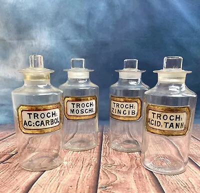 £119.99 • Buy 4 X ANTIQUE 1890's APOTHECARY GLASS ACID TROCH JARS KIBWORTH CHEMIST BOTTLES