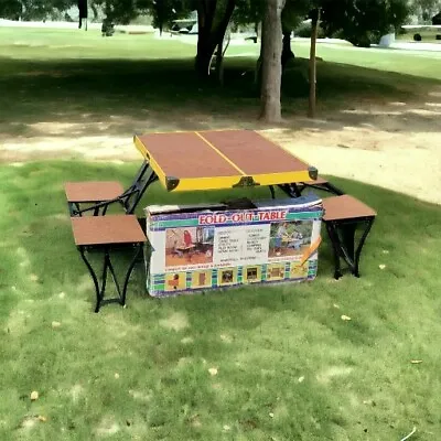 Handy Vintage Camping Table W/ Chairs Folding Fold Out Suitcase Brikham 1984 Usa • $142.49