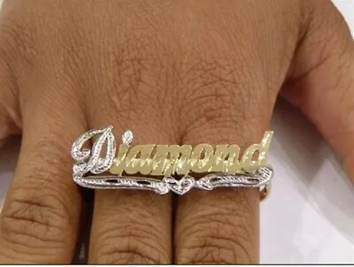 Personalized 14k Yellow Gold Plated Two 2 Finger Name Ring /any Name / Any Size • $44.99