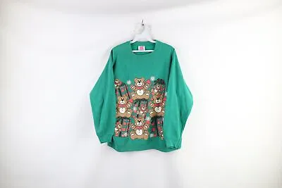 Vintage 90s Streetwear Womens Medium Faded Christmas Bear Sweatshirt Green USA • $35.95