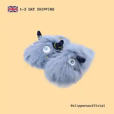 Blue Monster Slippers For Kids Men Womens - Fluffy Novelty Non Slip Animal Shoes • £19.99