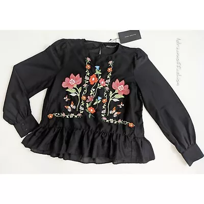 ZARA Black Long Sleeve Floral Embroidered Peplum Blouse Size XS • $49.99