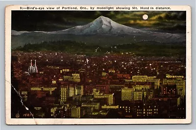Postcard Birds Eye View Of Portland By Moonlight Mt Hood In Background Oregon • $5.95