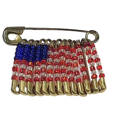 Vintage Safety Pin Flag Brooch Seed Beads Red White Blue American USA Patriotic  • $5