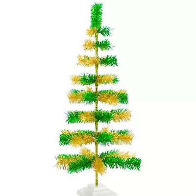 St Patrick's Day Christmas Tree Shiny Green Gold Tinsel Wood Base Tabletop D?cor • $69.99