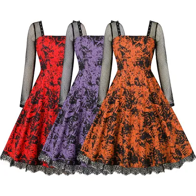 £15.59 • Buy Vintage Womens Mesh Long Sleeve Halloween Party Dresses 50s 60s Swing Dress Size